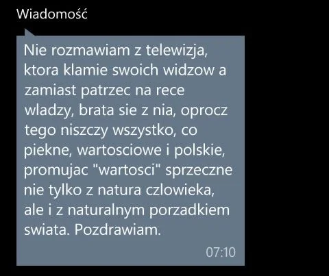 SMS będący reakcją na odpowiedź jednego z dziennikarzy