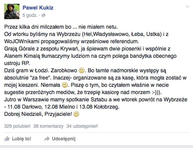 Paweł Kukiz tłumaczy się na Facebooku.