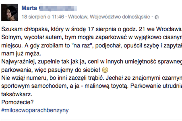 Marta z Wrocławia szuka chłopaka, który pomógł jej w parkowaniu.