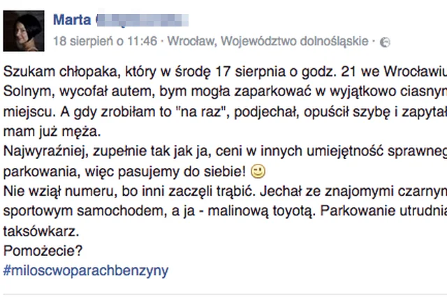 Marta z Wrocławia szuka chłopaka, który pomógł jej w parkowaniu.