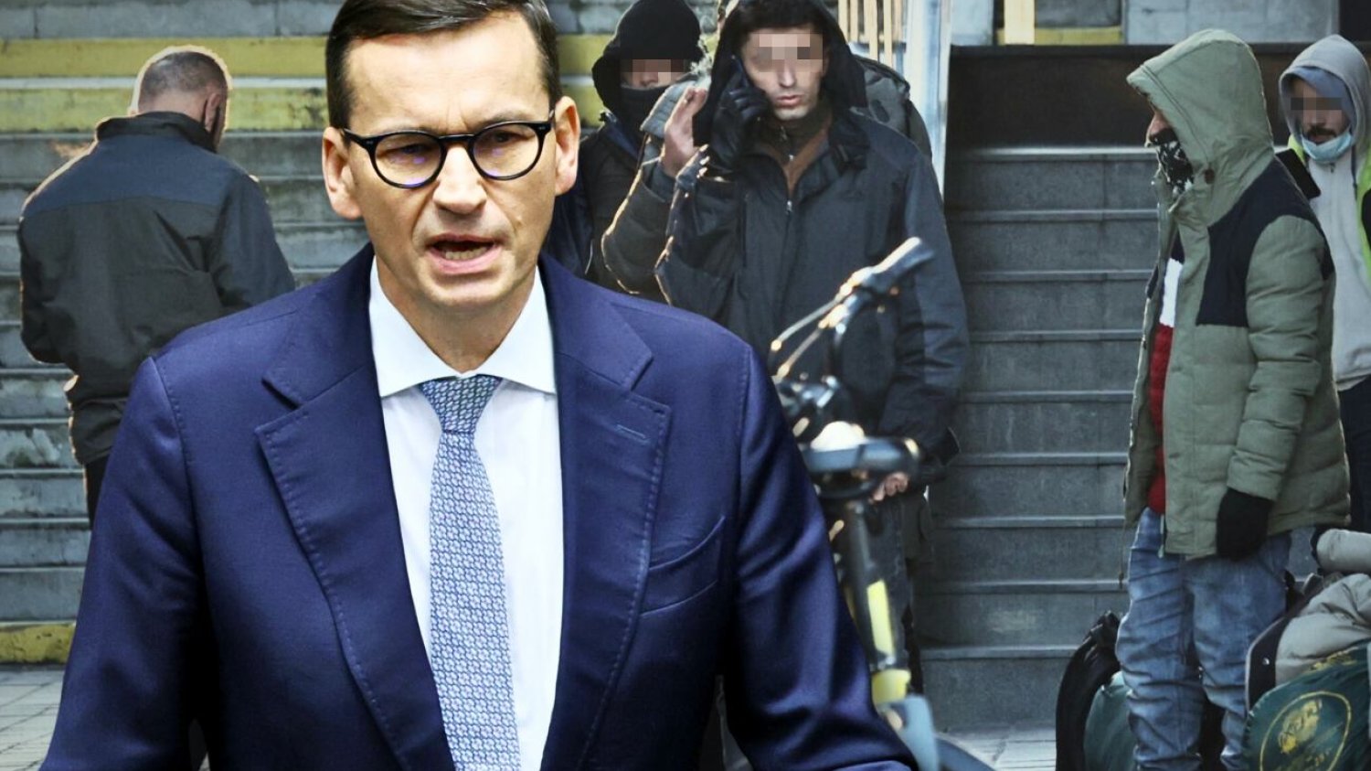 Mateusz Morawiecki a w tle migranci