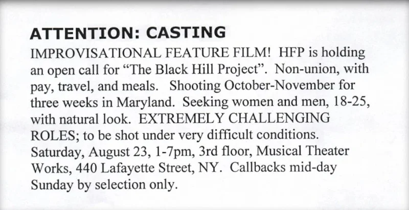 Tak wyglądało ogłoszenie zapraszające na casting do "The Blair Witch Project".