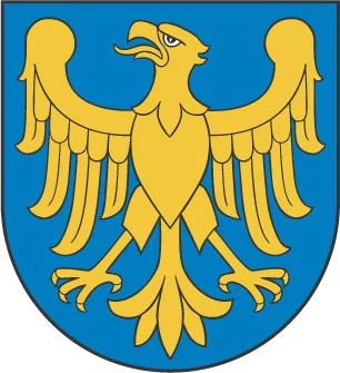 Herb Województwa Śląskiego przedstawia złotego orła Piastów górnośląskich bez korony, zwróconego w prawo, na niebieskim tle.