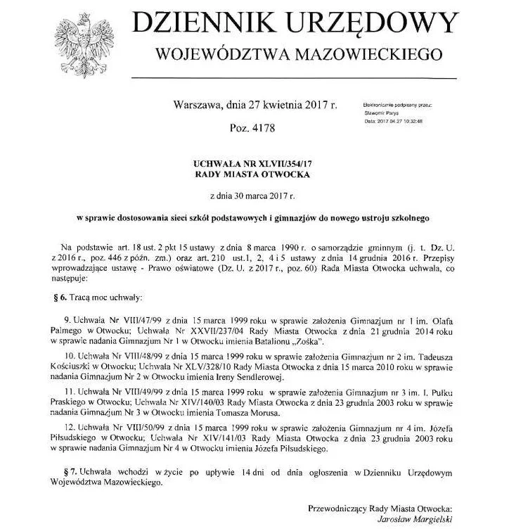 Uchwała Rady Miasta Otwocka z dnia 30.03.2017 ws. uchylenia uchwał powołujących gimnazja w Otwocku z 1999 roku