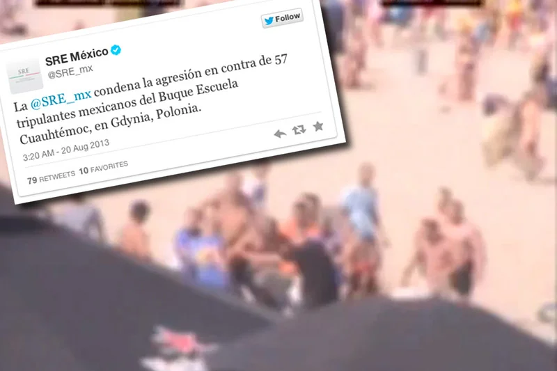 Kibice i Meksykanie na gdyńskiej plaży - zdjęcie z monitoringu policyjnego.