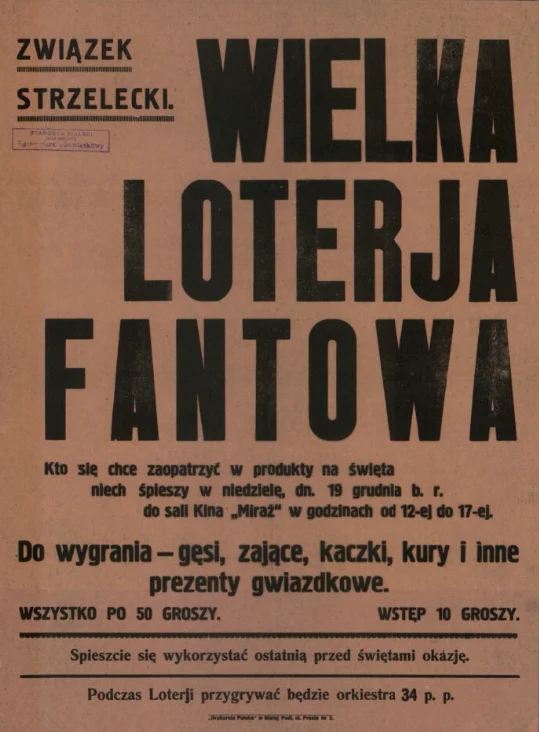 Afisz Związku Strzeleckiego informujący o przedświątecznej loterii. Lata 30. XX wieku.