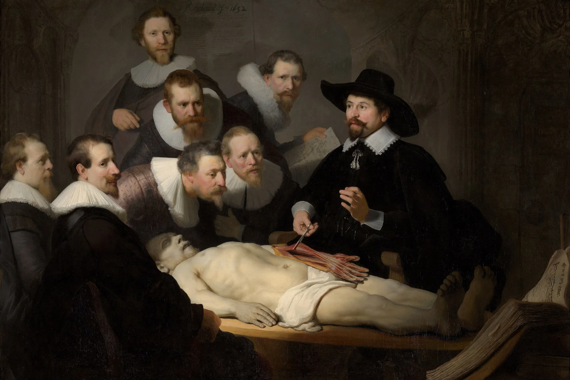 Obraz Rembrandt, Lekcja anatomii doktora Tulpa, 1632, mężczyźnie w czasie sekcji zwłok