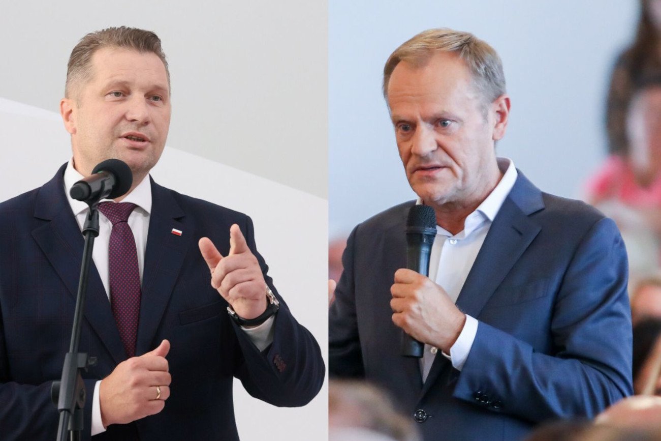 Minister edukacji i nauki Przemysław Czarnek (P), Lider Platformy Obywatelskiej Donald Tusk (L).