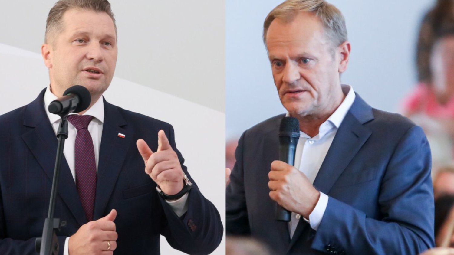 Minister edukacji i nauki Przemysław Czarnek (P), Lider Platformy Obywatelskiej Donald Tusk (L).