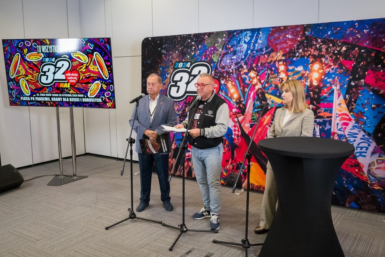Ogłoszenie celu 32. Finału WOŚP - prof. Bohdan Maruszewski, Jerzy Owsiak i prof. Katarzyna Krenke.