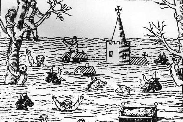 Powódź na Kanale Bristolskim na XVII-wiecznej rycinie.