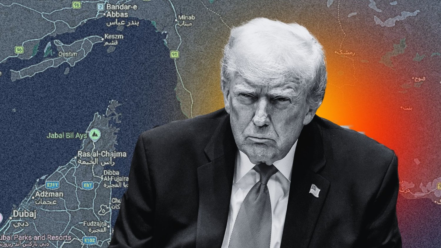Cieśnina Ormuz znowu zamknięta. Teheran grzmi o "bandytach i piratach" z USA Donald Trump na tle mapy z Cieśniną Ormuz