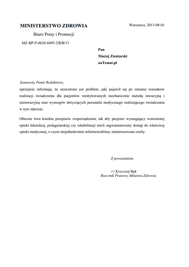 oświadczenie ministerstwa zdrowia