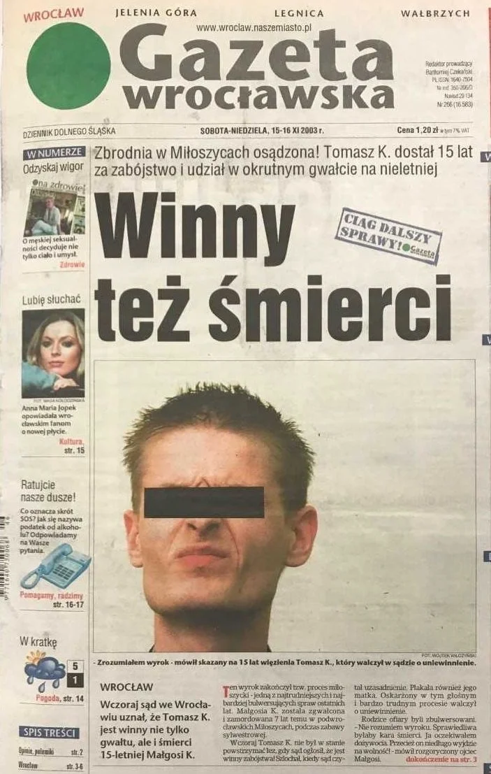 Okładki gazet po skazaniu Komendy