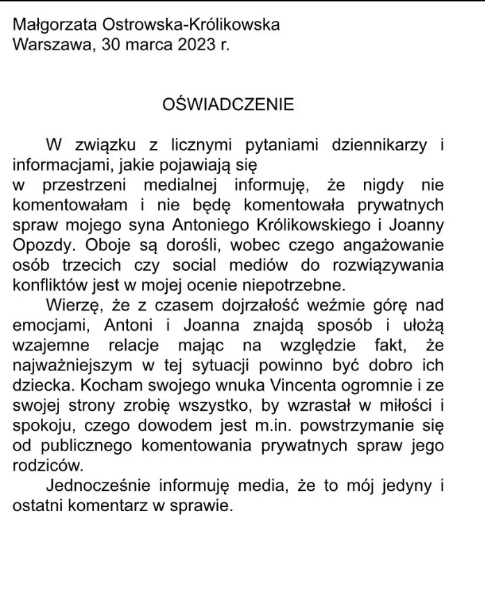 Małgorzata Ostrowska-Królikowska wydała oświadczenie. Nie chce brać stron