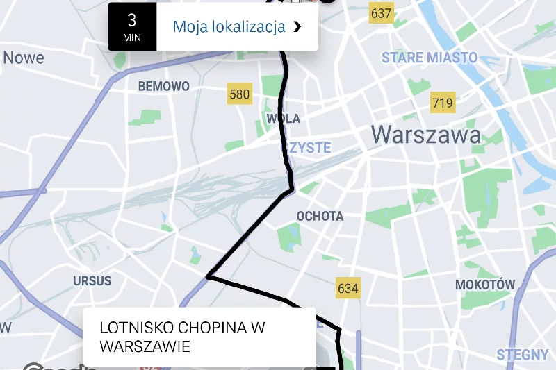 Na mapie w telefonie określa się skąd i dokąd chcemy przejechać.