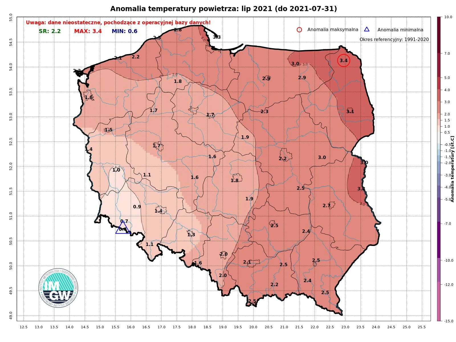 Anomalia temperatury powietrza w lipcu 2021.