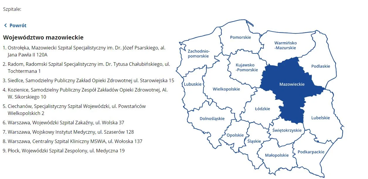 Mapa szpitali udzielających pomocy w przypadku zagrożenia koronawirusem na terytorium Polski.