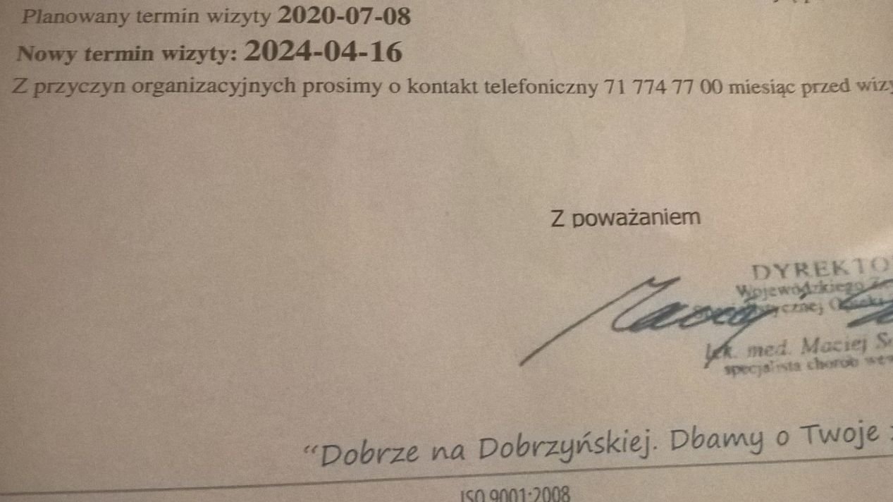 Przychodnia we Wrocławiu przełożyła termin wizyty na 2024 rok