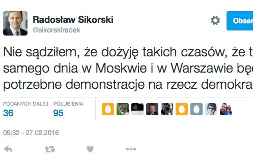 Sikorski komentuje dzisiejsze marsze w Warszawie i w Moskwie.