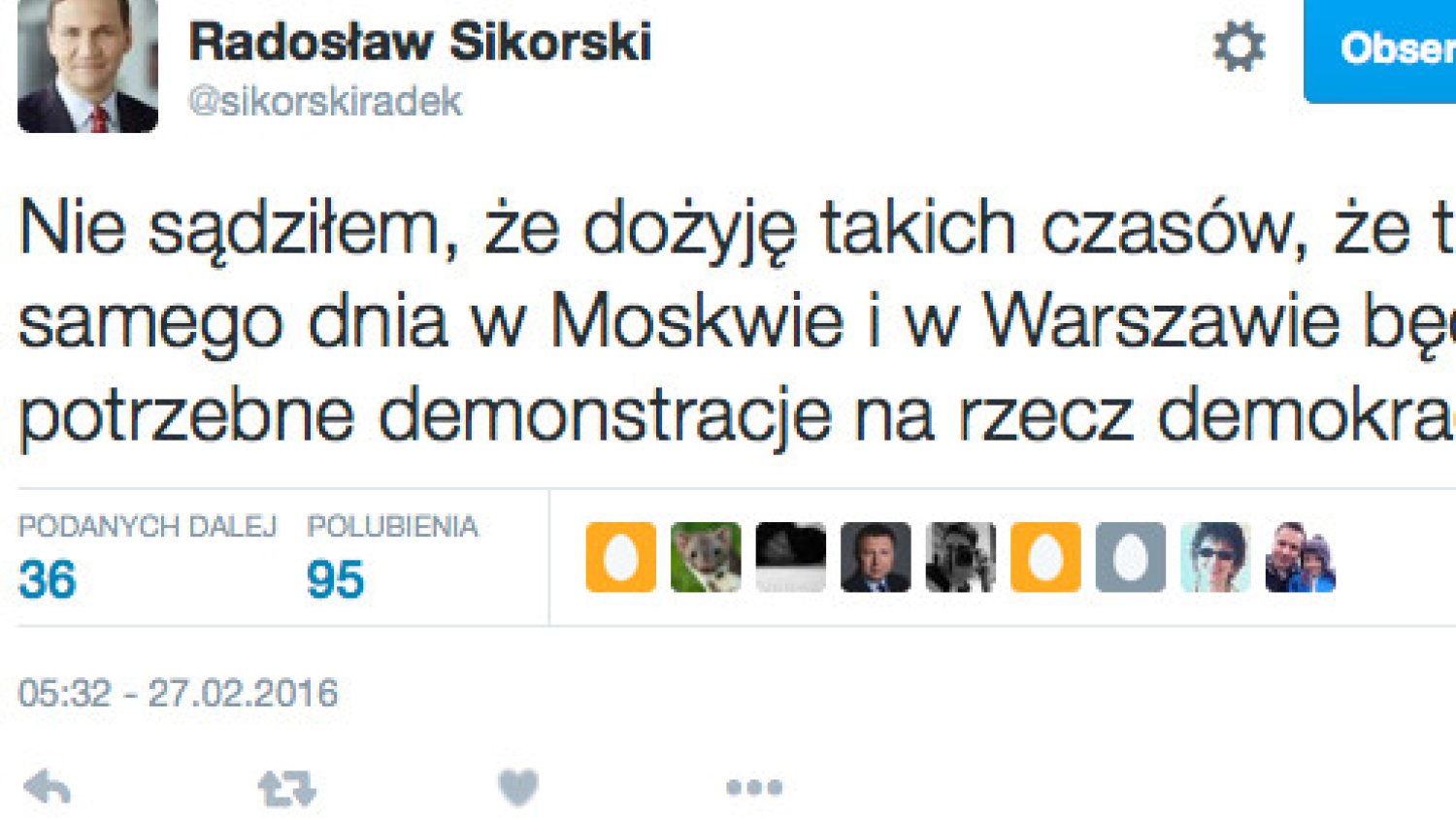 Sikorski komentuje dzisiejsze marsze w Warszawie i w Moskwie.
