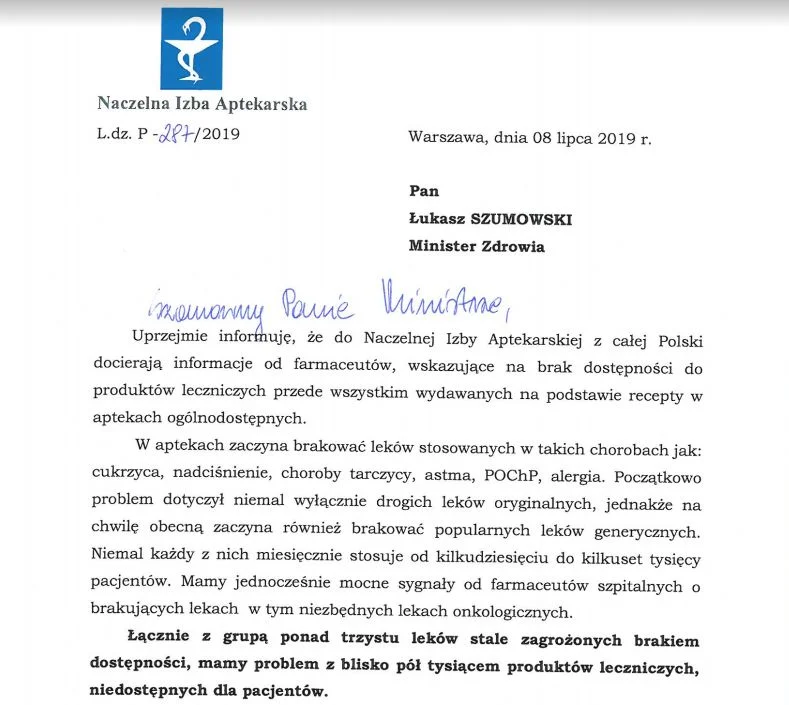 Fragment listu prezes NIA Elżbiety Piotrowskiej-Rutkowskiej do ministra zdrowia.