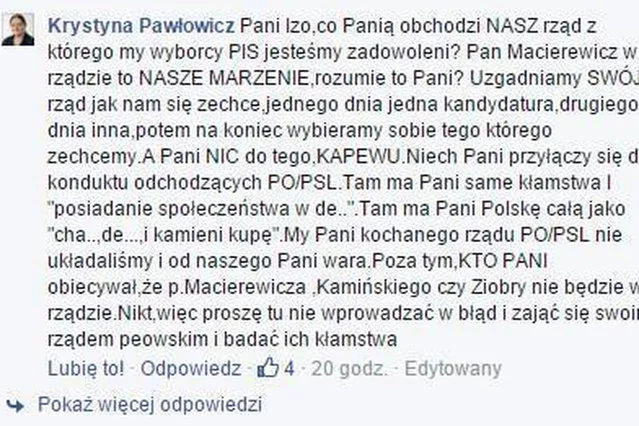 Krystyna Pawłowicz odpowiada niezadowolonej internautce