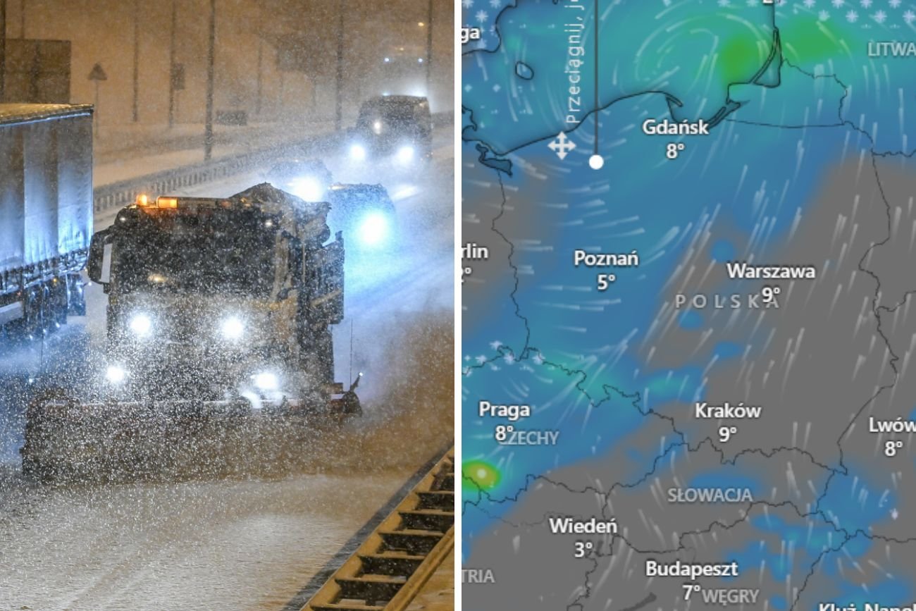 śnieżyca na drodze i mapa z pogodą