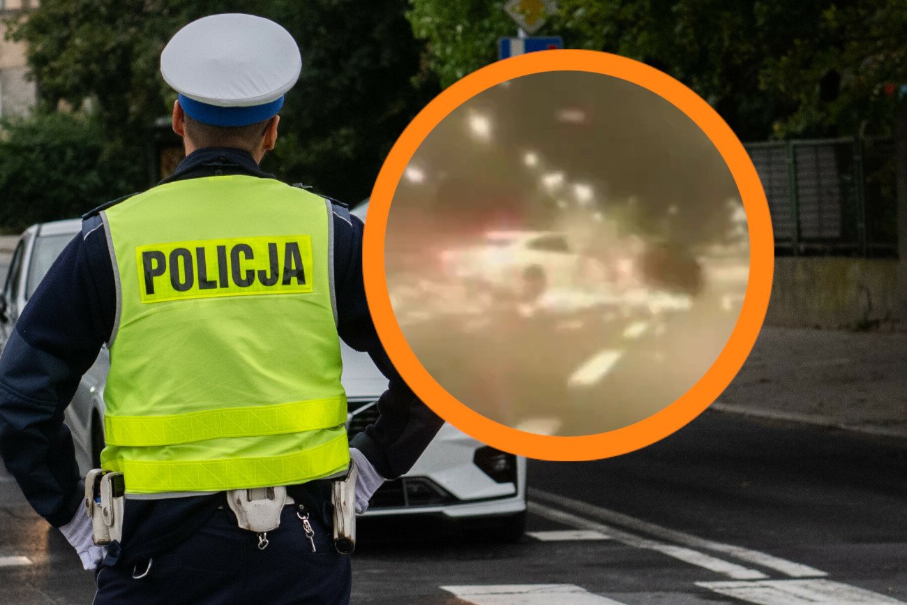 policjant drogówki i screen wypadku w Warszawie