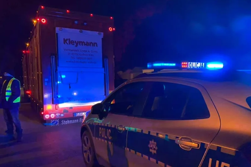 Awantura przed zakładem mięsnym. Poszło o transport świń z Niemiec.