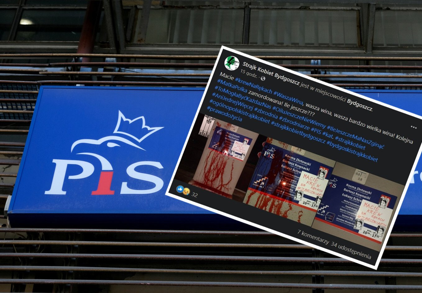 Siedziba PiS w Bydgoszczy została oblana farbą.