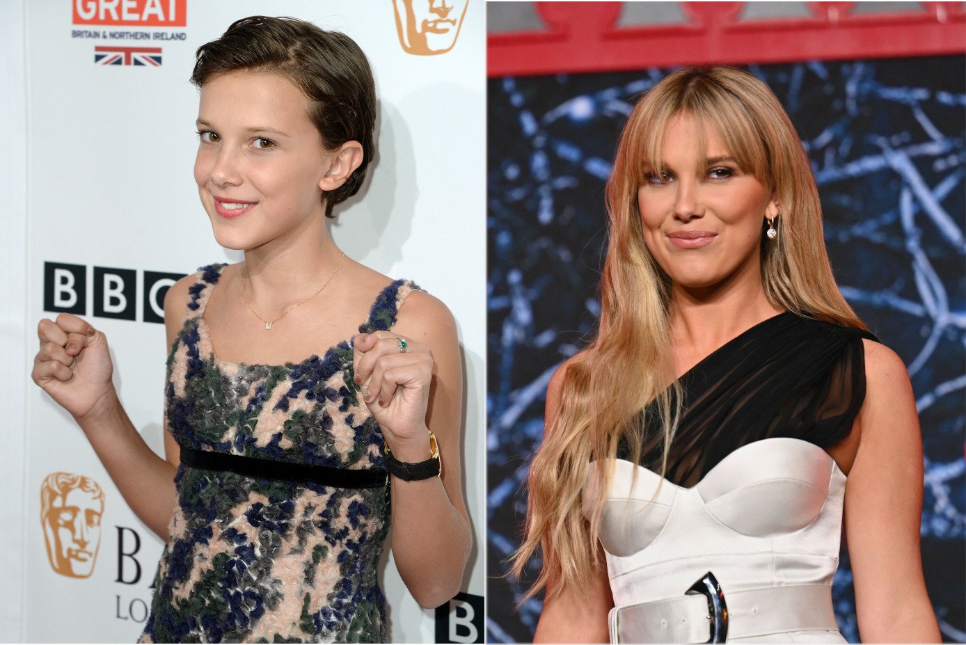 Millie Bobby Brown jako dziecko (po lewej) i Millie Bobby Brown dzisiaj (po prawej)
