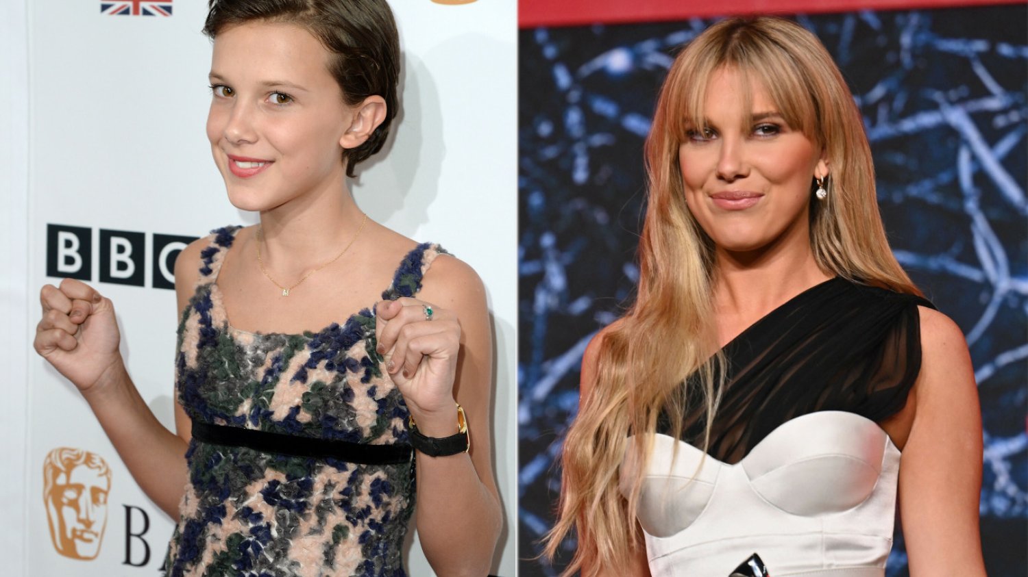 Jak wygląda dzisiaj Millie Bobby Btown? Jak zmieniła się Millie Bobby Brown? Millie Bobby Brown jako dziecko (po lewej) i Millie Bobby Brown dzisiaj (po prawej)