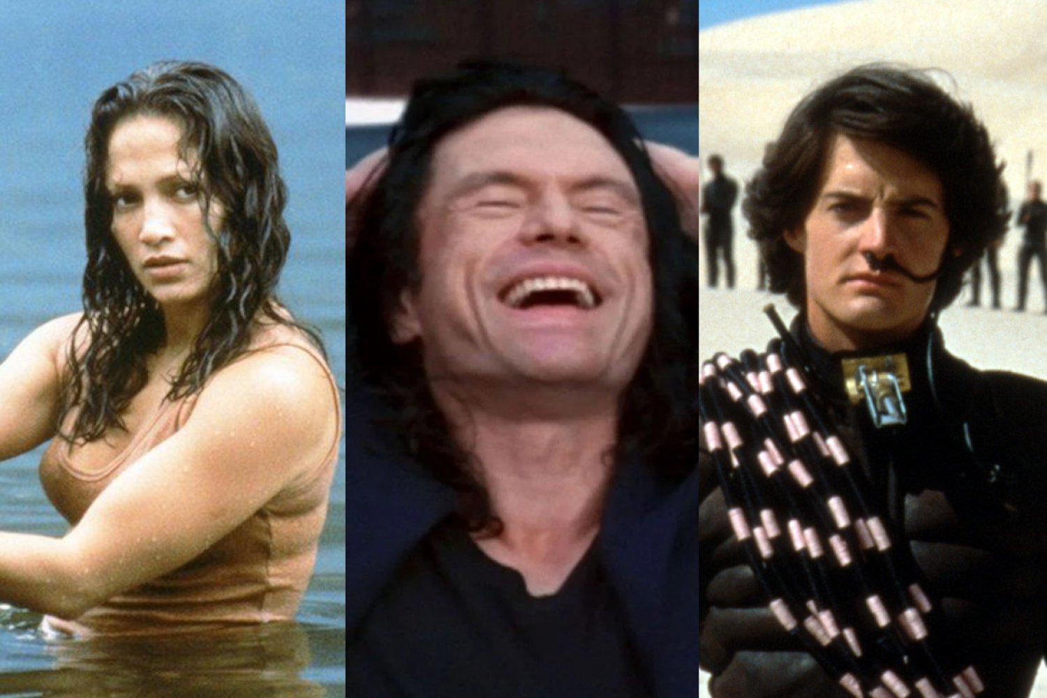 złe filmy, które są kultowe: Anakonda, The Room, Diuna (1989) (od lewej) Jennifer Lopez w filmie "Anakonda", Tommy Wiseau w filmie "The Room" i Kyle MacLachlan w "Diunie" z 1984 roku