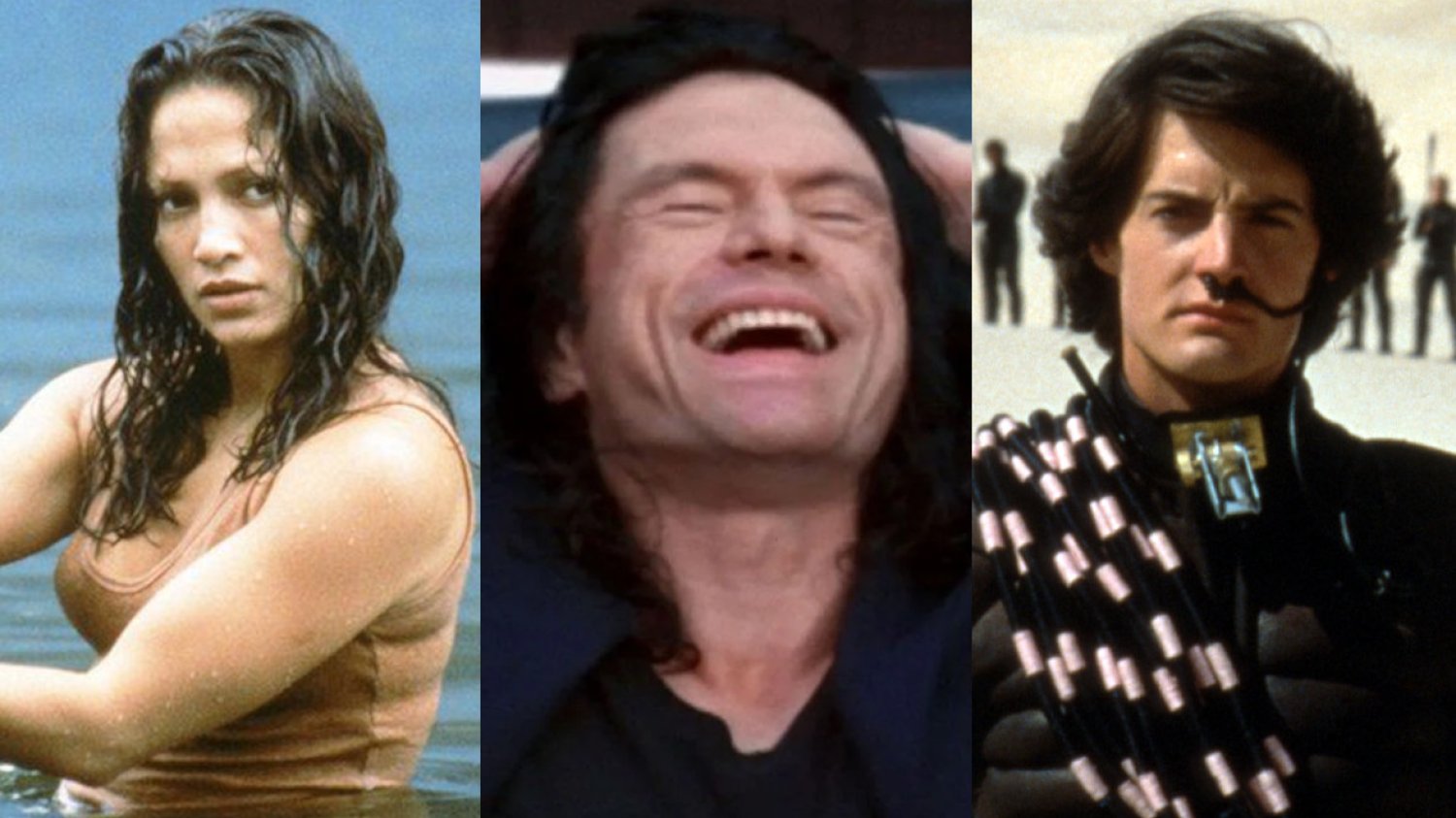 złe filmy, które są kultowe: Anakonda, The Room, Diuna (1989) (od lewej) Jennifer Lopez w filmie "Anakonda", Tommy Wiseau w filmie "The Room" i Kyle MacLachlan w "Diunie" z 1984 roku