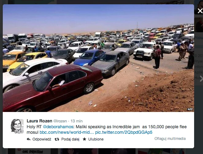 W walkach o Mosul zginęło kilkadziesiąt osób, a co najmniej 150 tys. już uciekło z miasta. Na drogach wyjazdowych z miasta tworzą się ogromne korki.
