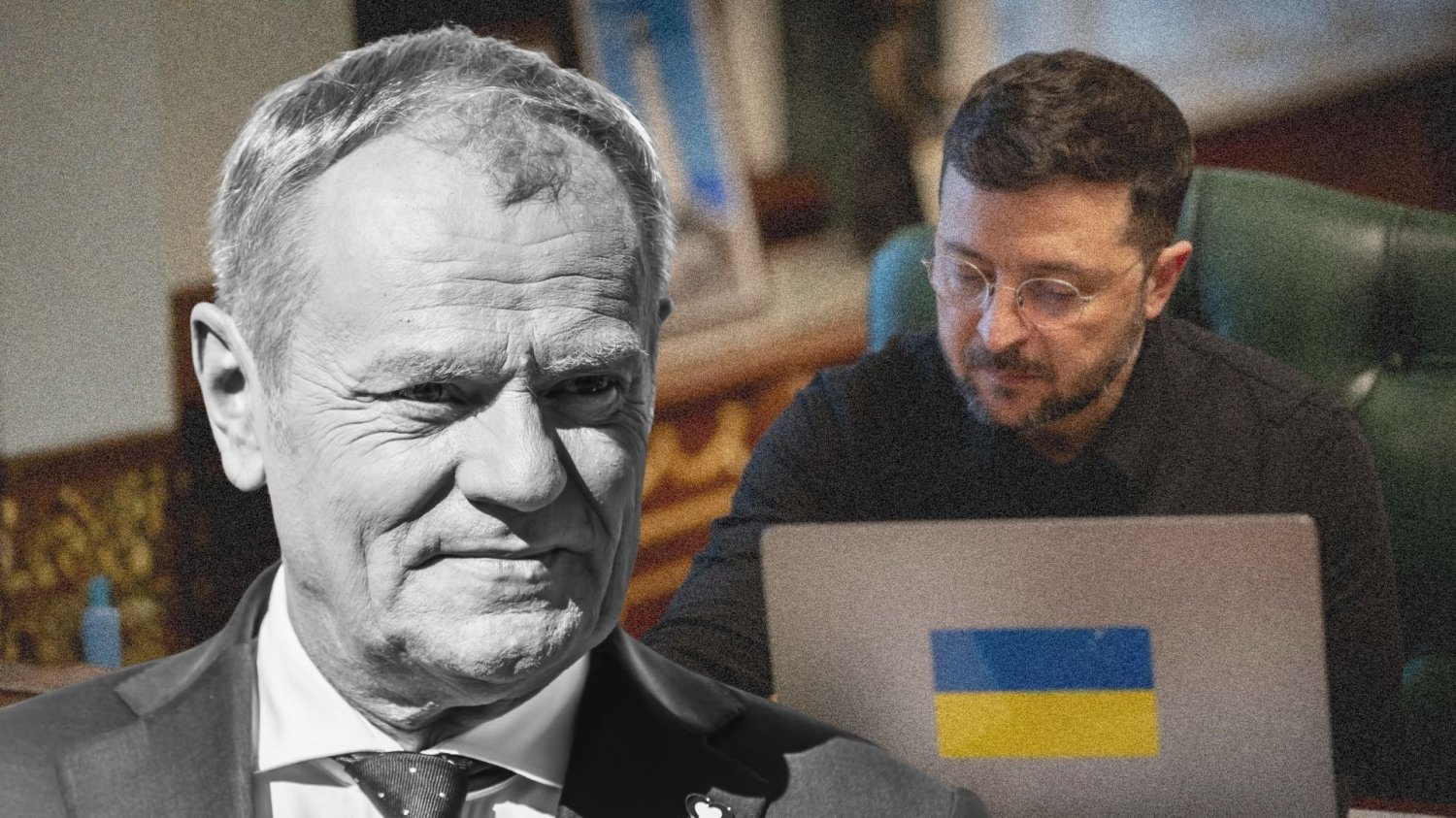 Premier Polski Donald Tusk. W tle prezydent Ukrainy Wołodymyr Zełenski.
