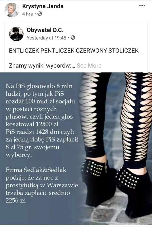 Wpis Krystyny Jandy z porównaniem wyborców PiS do prostytutek.