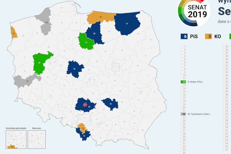 Na tej mapie widać, jak wyglądają rezultaty wyborów do Senatu.