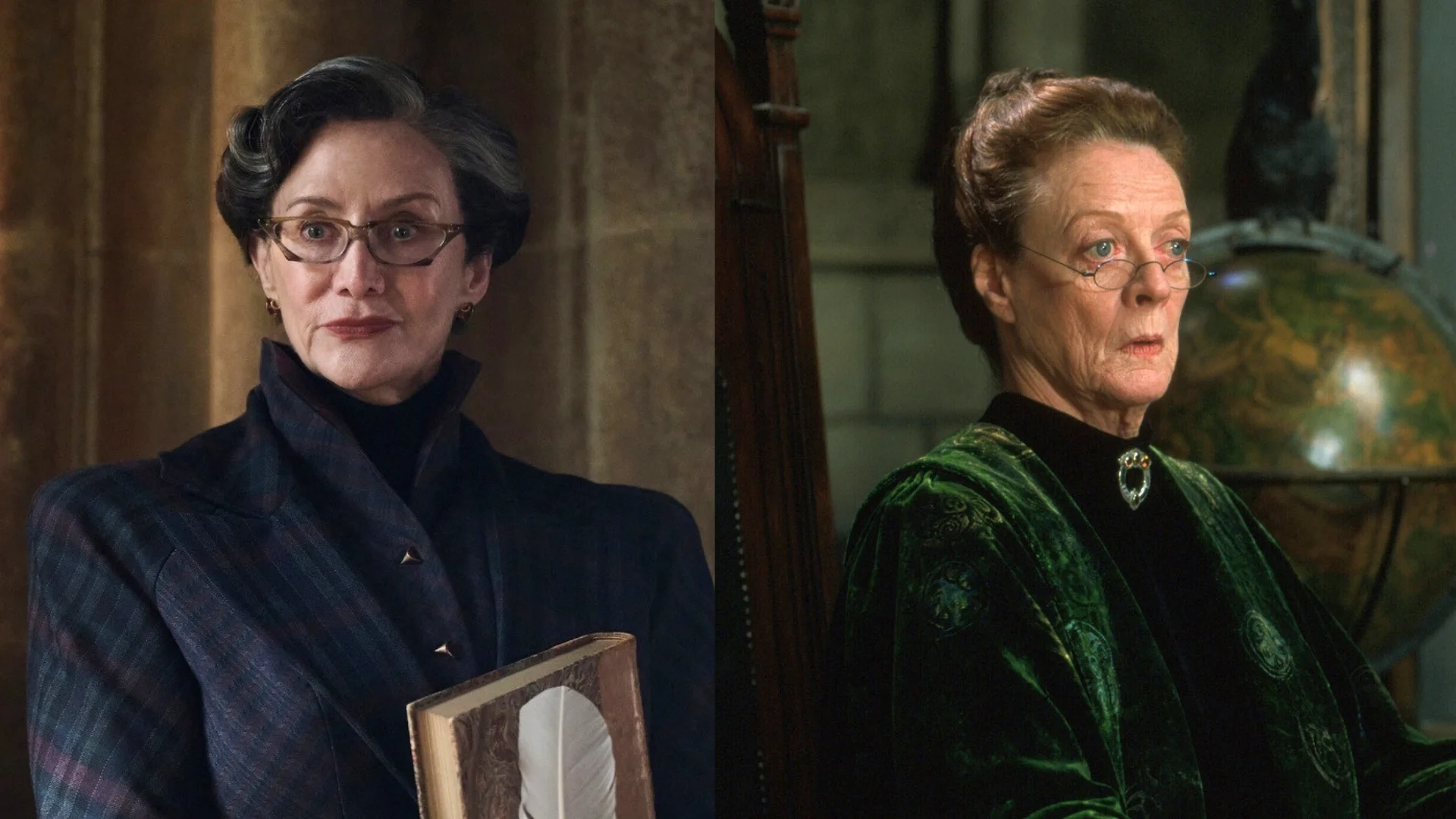 Janet McTeer (po lewej) i Maggie Smith (po prawej) w serialu i filmie "Harry Potter i Kamień Filozoficzny"