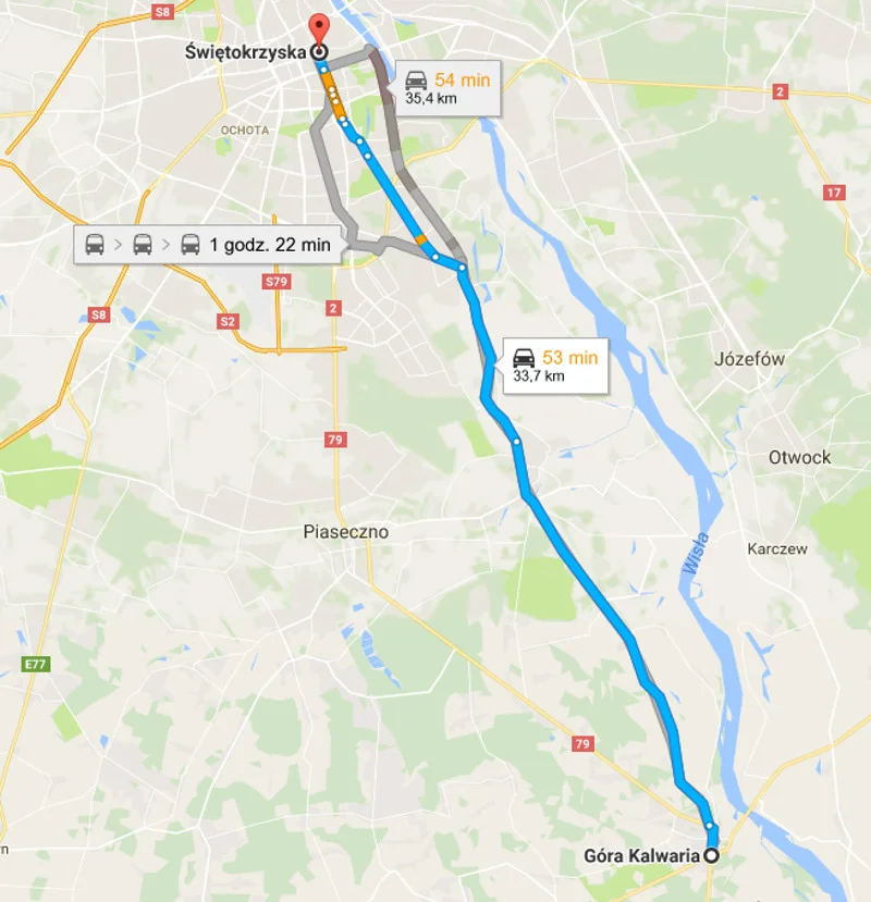 Z Góry Kalwarii do centrum Warszawy nawet bez korków jedzie się około godziny.