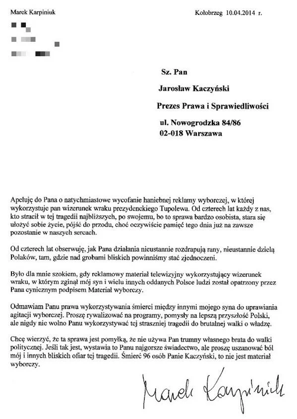 List Marka Karpiniuka do Jarosława Kaczyńskiego