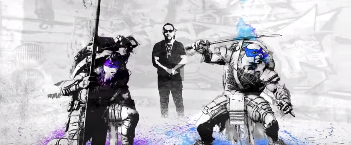 Screen z teledysku do „Teenage Mutant Ninja Turtles” (2014). Juicy J, Wiz Khalifa, Ty Dolla $ign - „Shell Schocked” feat. Kill The Noise & Madsonik
