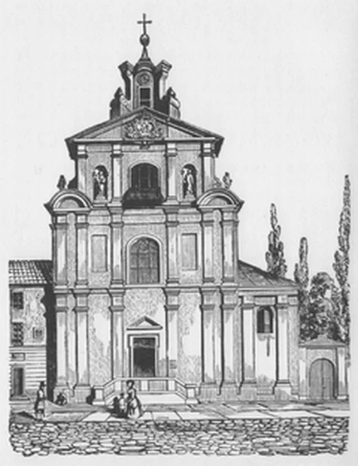 Drzeworyt Michała Starkmana z około 1855 (po lewej stronie widoczne zabudowania klasztorne)