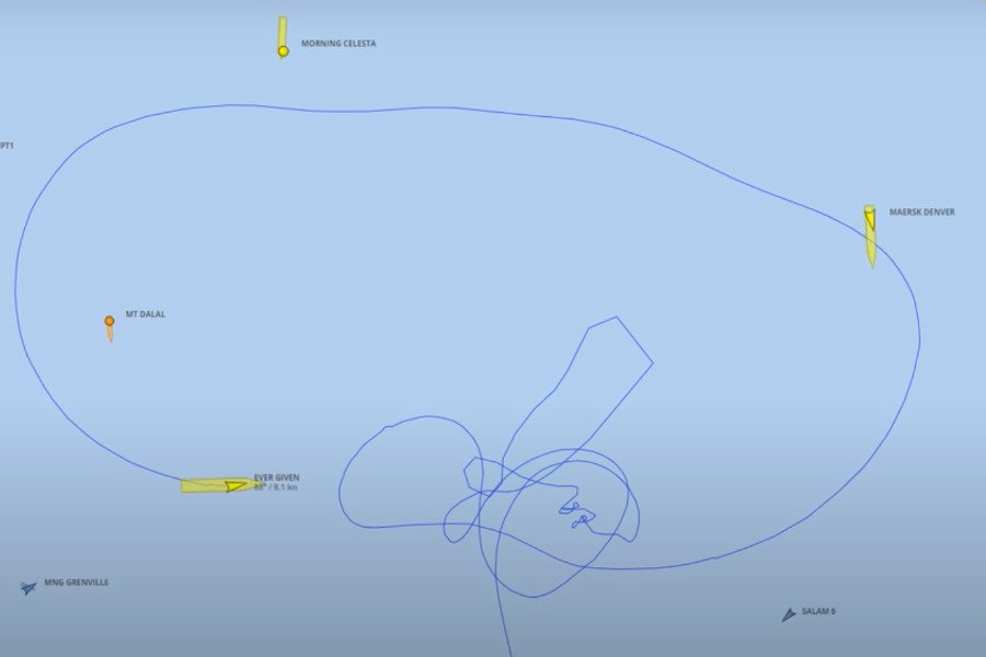 Taki kształt pojawił się ekspertom po przestudiowaniu ruchów kontenerowca Ever Given w Zatoce Sueskiej
