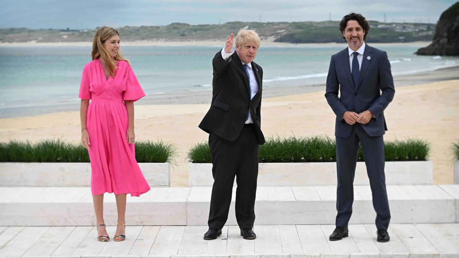Boris Johnson, Carrie Johnson, Justin Trudeau, G7 Summit 11 Czerwca, 2021 roku w Carbis Bay, Cornwall, UK