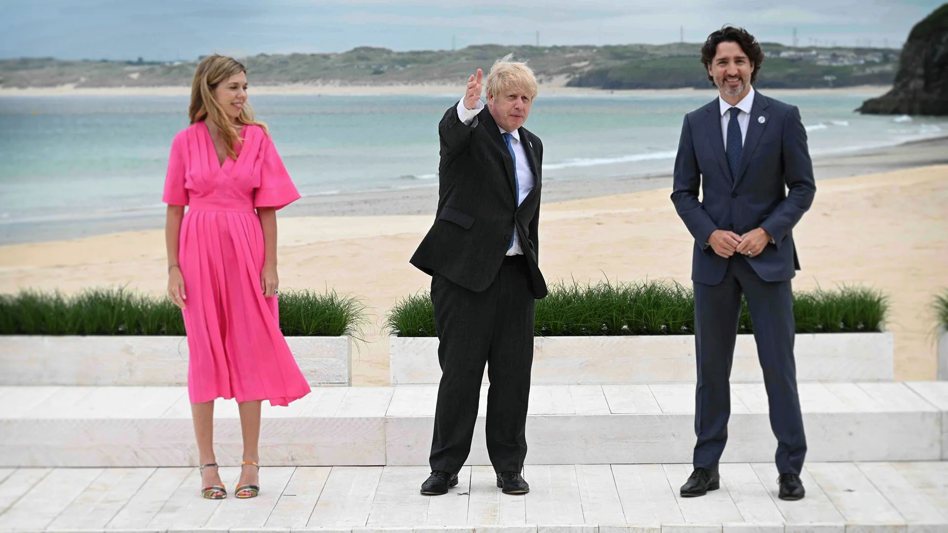 Boris Johnson, Carrie Johnson, Justin Trudeau, G7 Summit 11 Czerwca, 2021 roku w Carbis Bay, Cornwall, UK