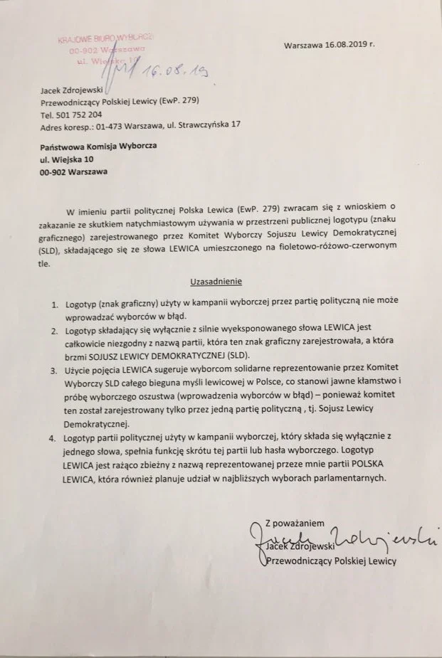 Pismo przewodniczącego Polskiej Lewicy do PKW.