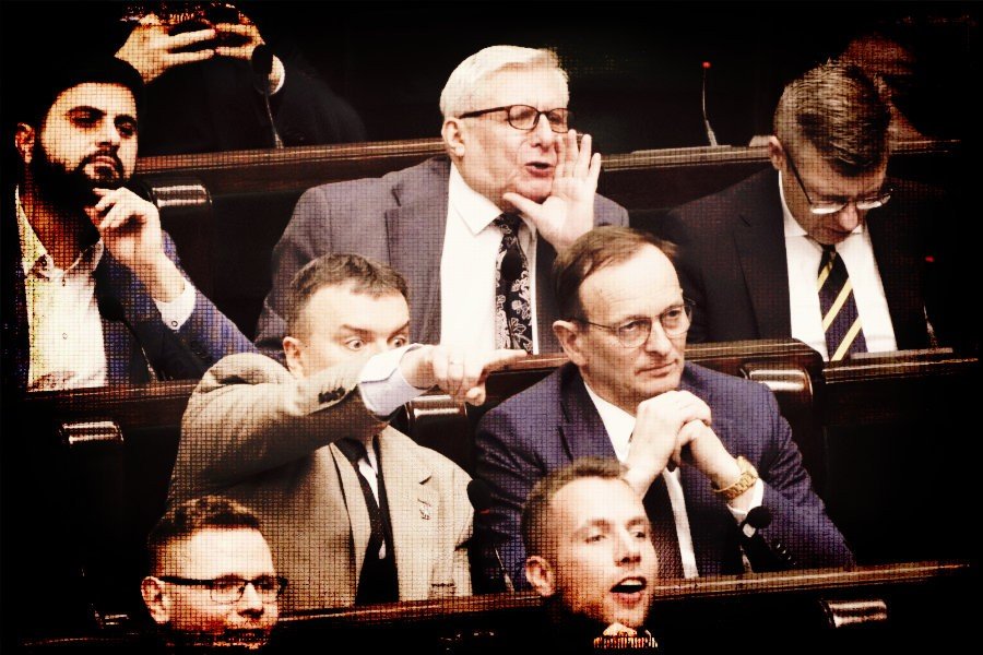 Poseł PiS Edward Siarka w Sejmie wśród klubowych kolegów (środkowy rząd po prawej, ze złożonymi rękami). To on krzyknął do premiera Donalda Tuska "kula w łeb!". Potem przeprosił.