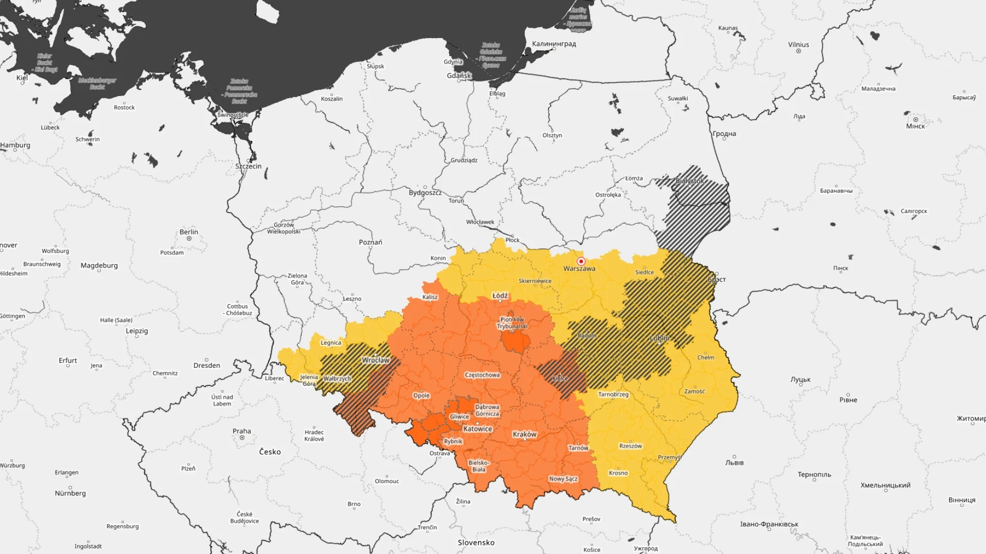 Mapa ostrzeżeń 1. i 2. stopnia przed burzami na niedzielę (19 lipca).